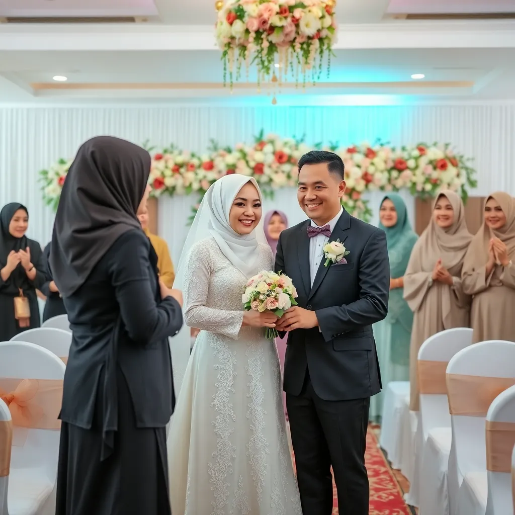 A joyful Muslim wedding ceremony with bride and groom exchanging vows, decorated venue with flowers and guests celebrating