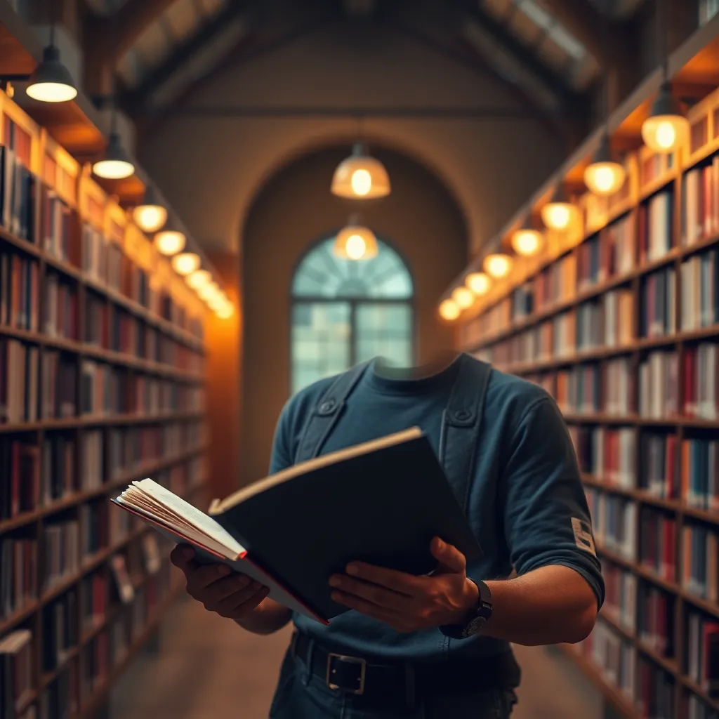 Hero background – lector leyendo un libro electrónico en una biblioteca moderna con luces suaves y ambiente cálido