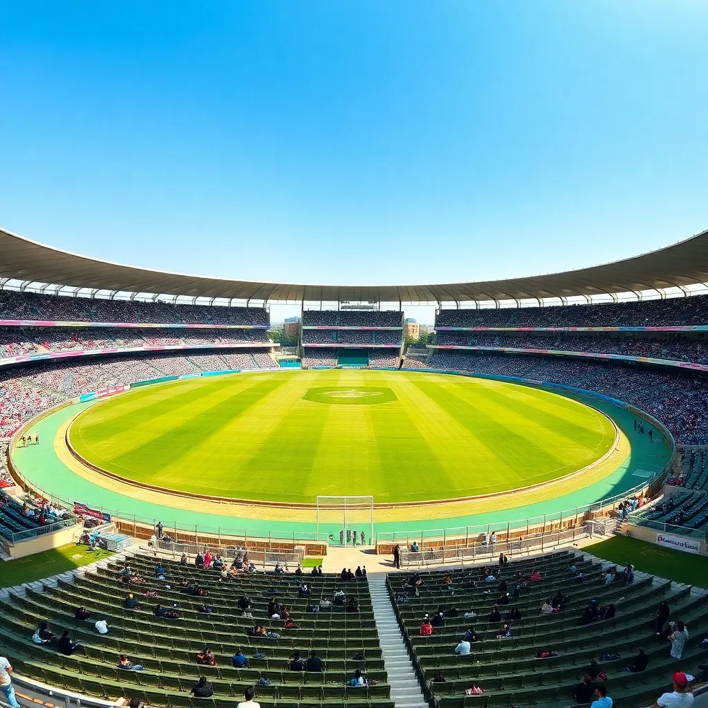 Zahur Ahmed Chowdhury Stadium in Chattogram, cricket ground with green pitch and stands filled with fans under a clear blue sky