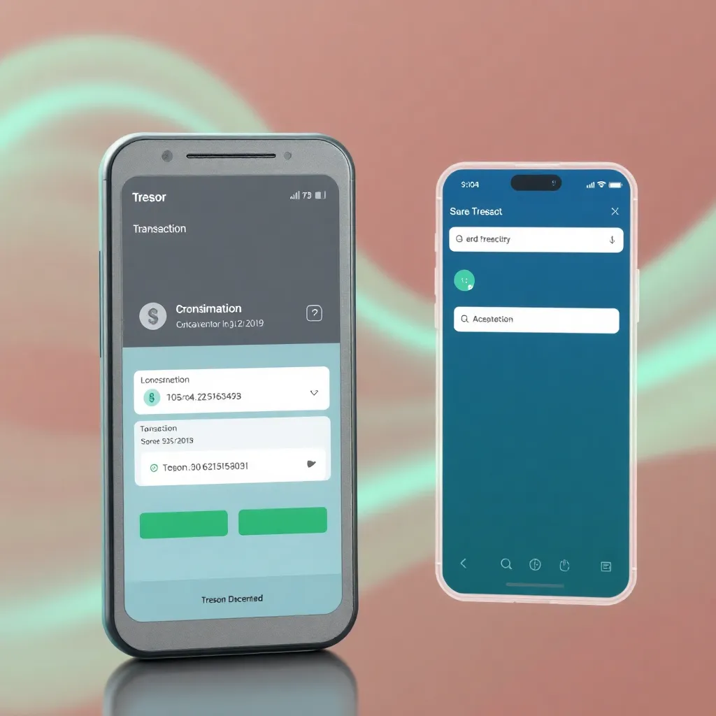 AI generated image of Trezor hardware wallet device with transaction confirmation screen and desktop app send transaction interface
