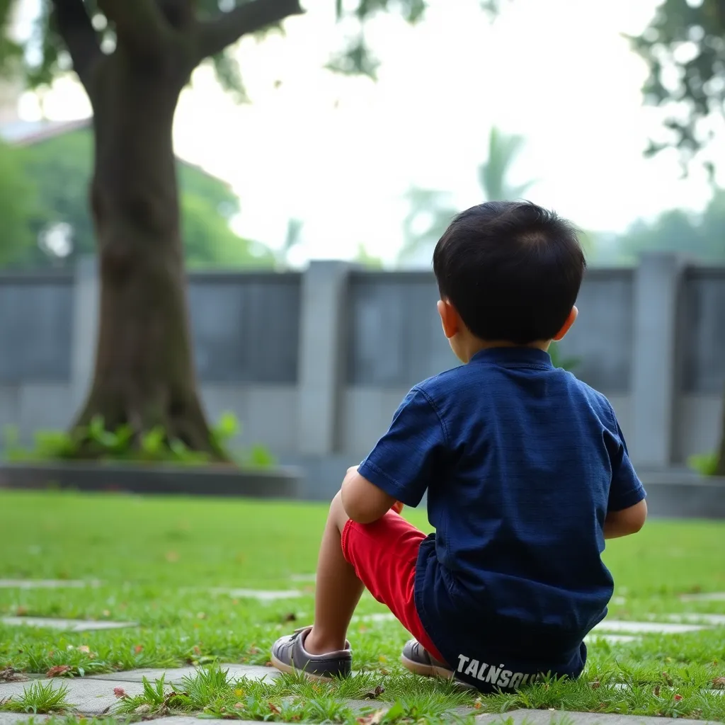 Seorang anak kecil sedang bermain di taman bermain dengan latar belakang langit cerah