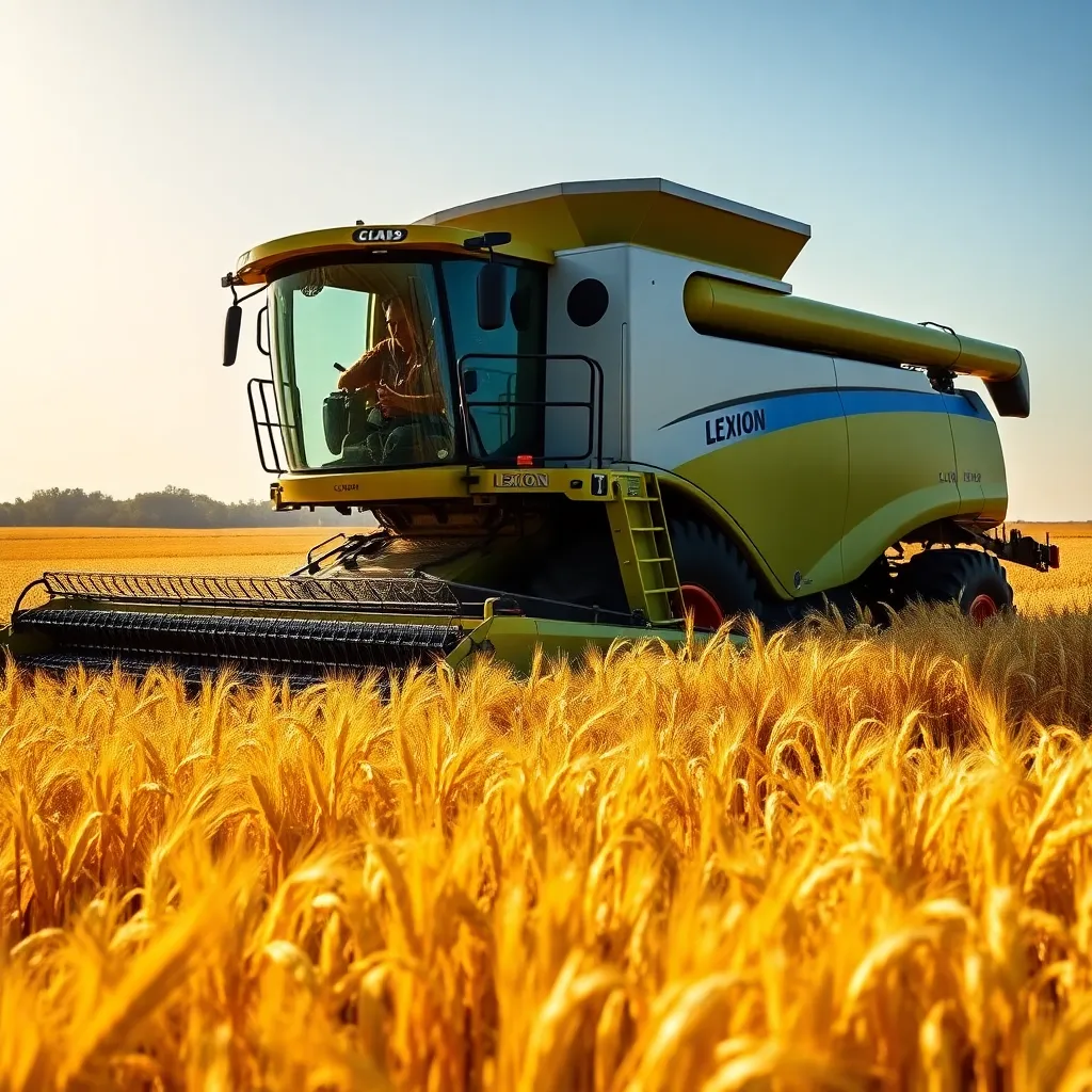 Claas Lexion Combine Harvester harvesting a golden wheat field under sunny sky