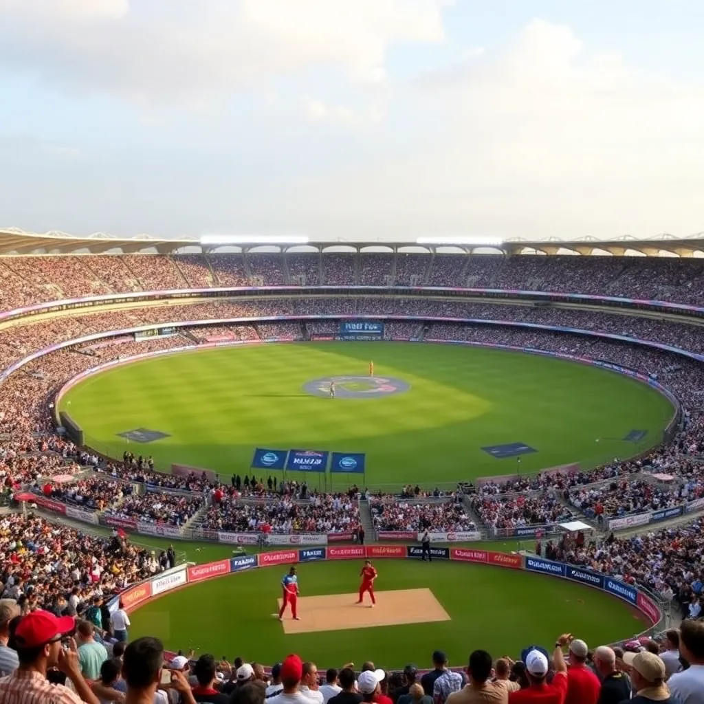 A packed cricket stadium during a day match with enthusiastic crowd and players on the field, representing IPL rivalry atmosphere