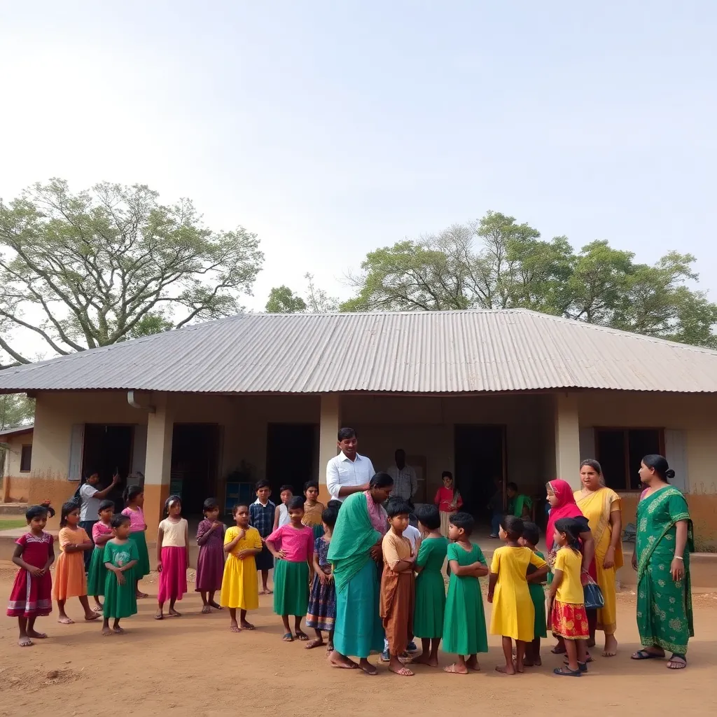 Exterior view of a rural learning center in Odisha with children and teachers outside, surrounded by trees and open sky