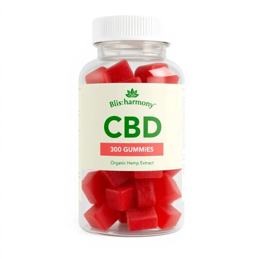 Clear plastic bottle with white cap containing red CBD gummies, label is green with Bliss Harmony CBD branding and text CBD Gummies 300MG Organic Hemp Extract