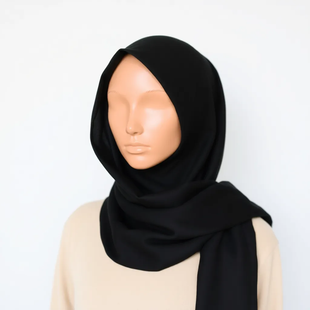 Hijab style recommendation with classic black fabric draped neatly on a mannequin