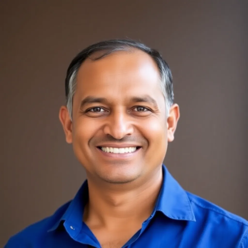 Photo of client Mr. Suresh Nair smiling, middle-aged man with short hair, wearing a blue shirt