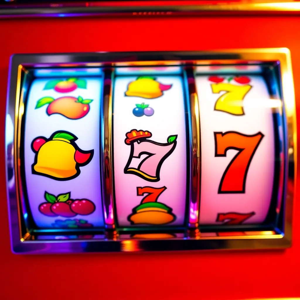 Colorful slot machine with spinning reels showing various symbols like fruits, bells, and sevens