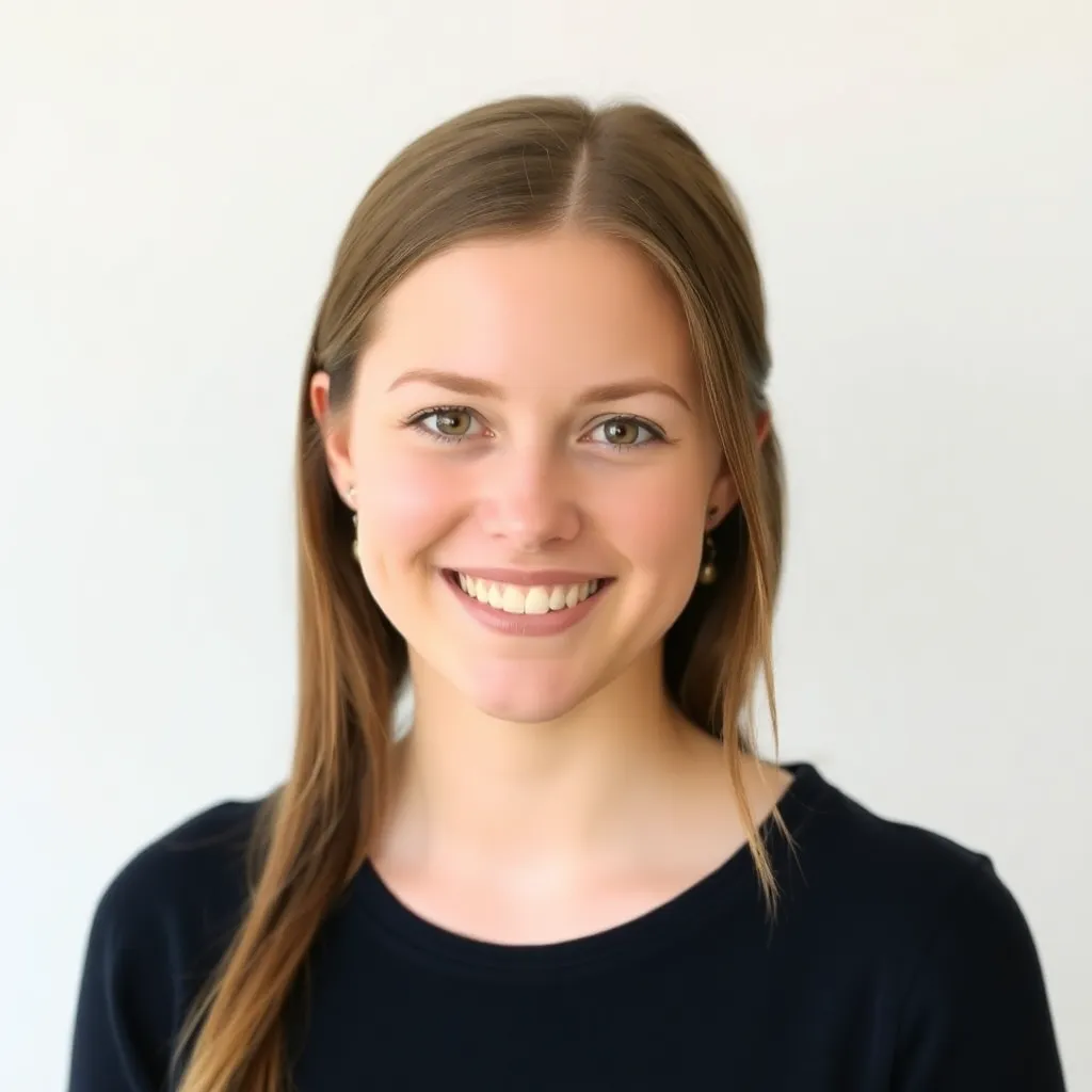 Portrait of Sarah Thompson, a young woman with long brown hair and a warm smile