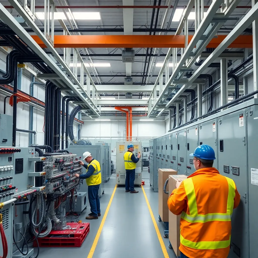 Interior view of a modern electrical switchgear factory with technicians working on equipment