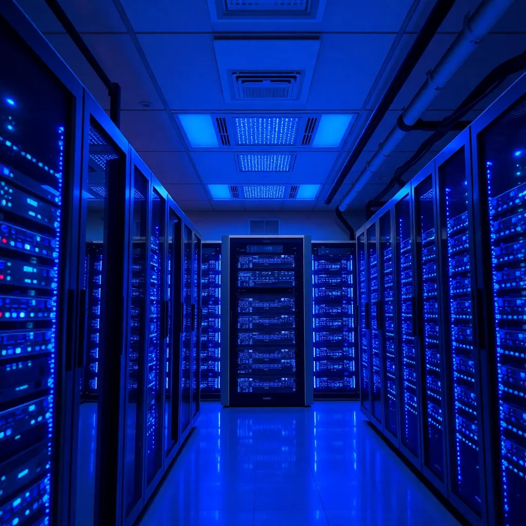 Modern server room with blue LED lights and racks of servers