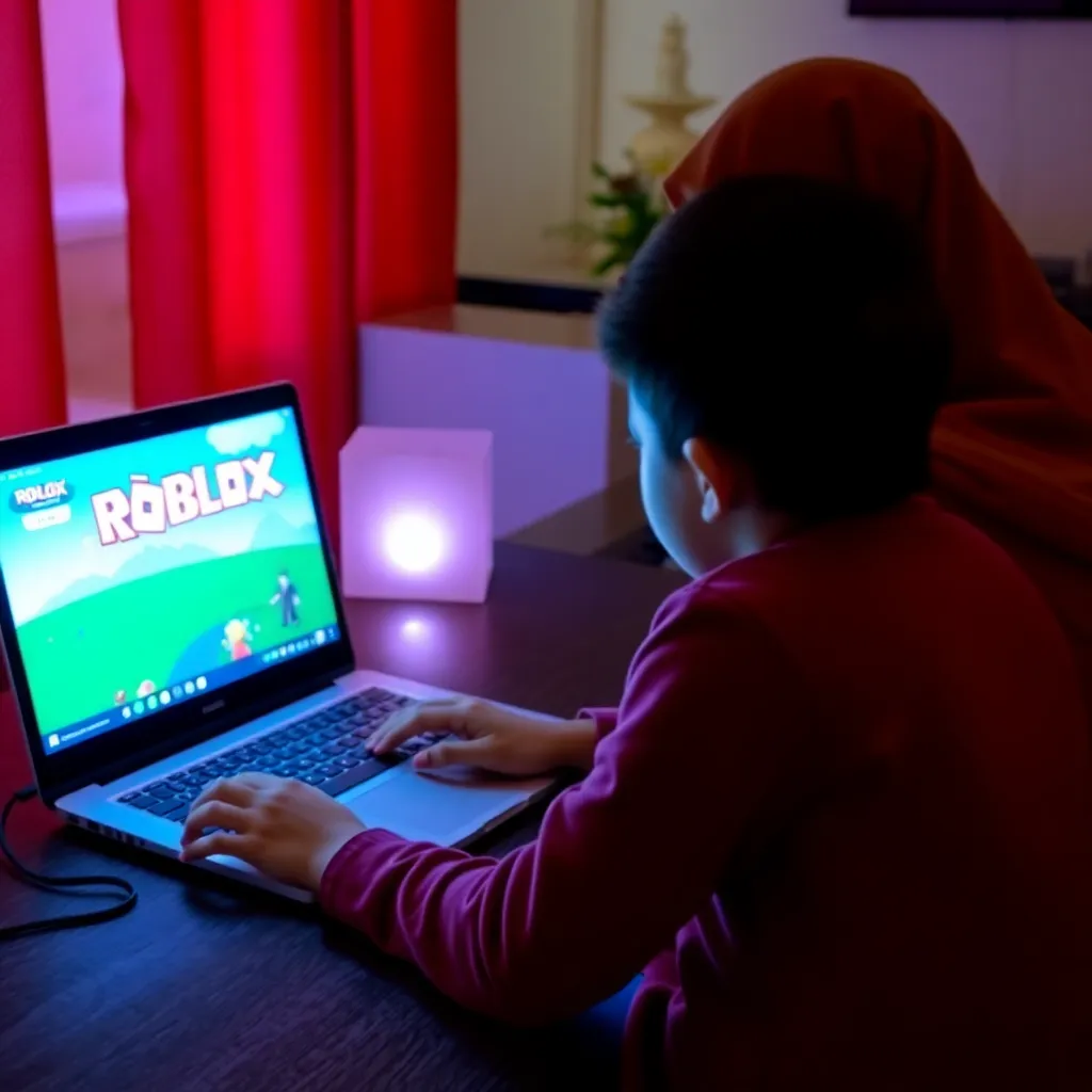 Seorang ibu sedang mengawasi anaknya yang bermain game Roblox di laptop di ruang keluarga