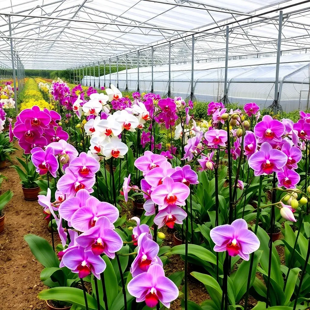 Orchid farm with colorful orchids in bloom and greenhouses in the background