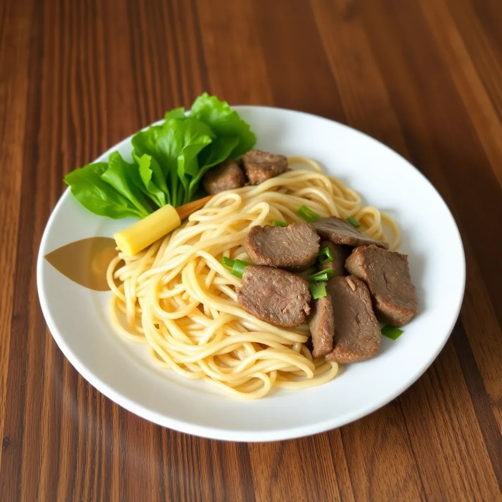 Plate of Mie Tek Tek Sapi with noodles and beef slices on white ceramic plate