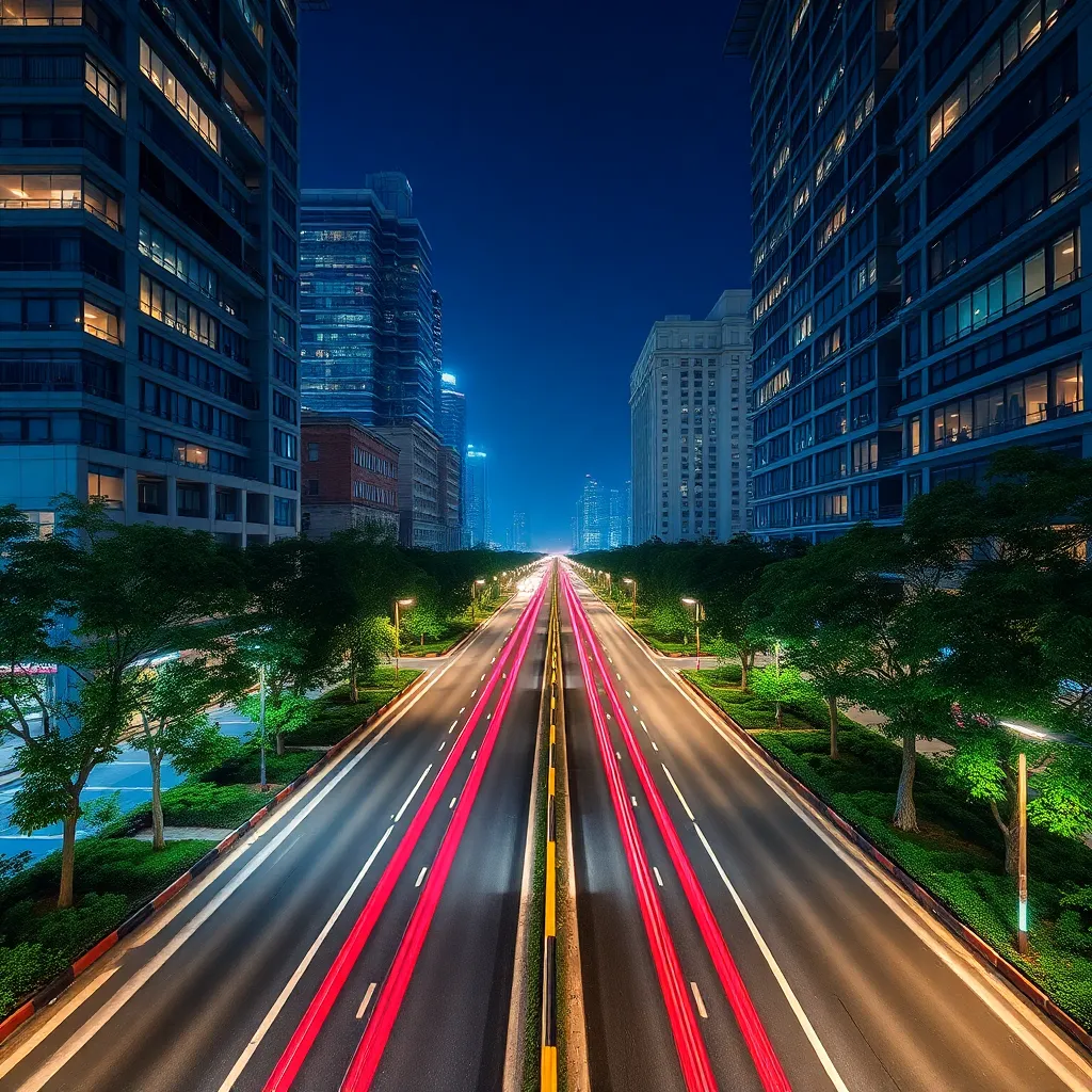 City night road with light trails and modern buildings on both sides with trees and greenery