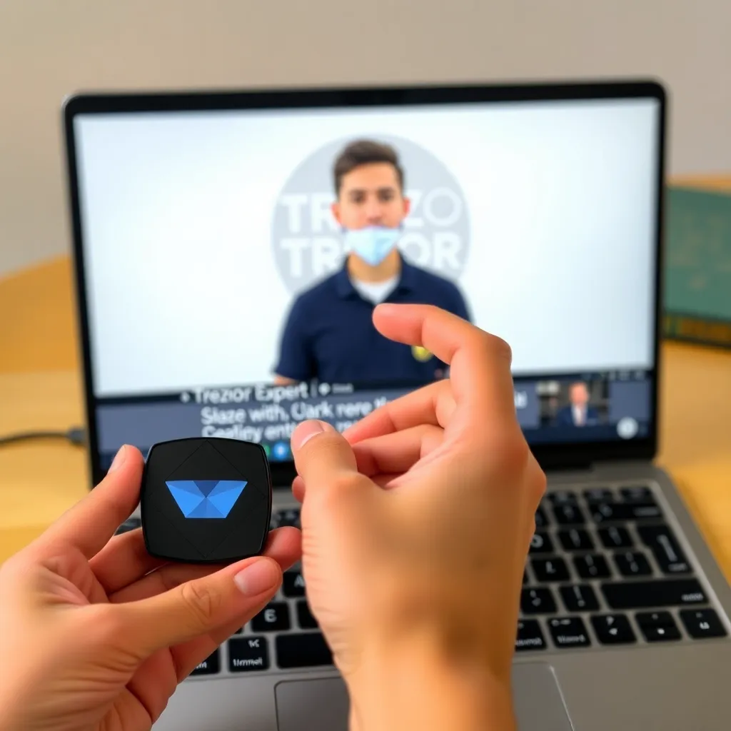 Person holding Trezor device in front of laptop showing Trezor Expert video