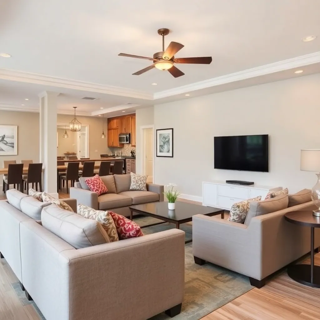 Common lounge area with sofas and TV, cozy and inviting