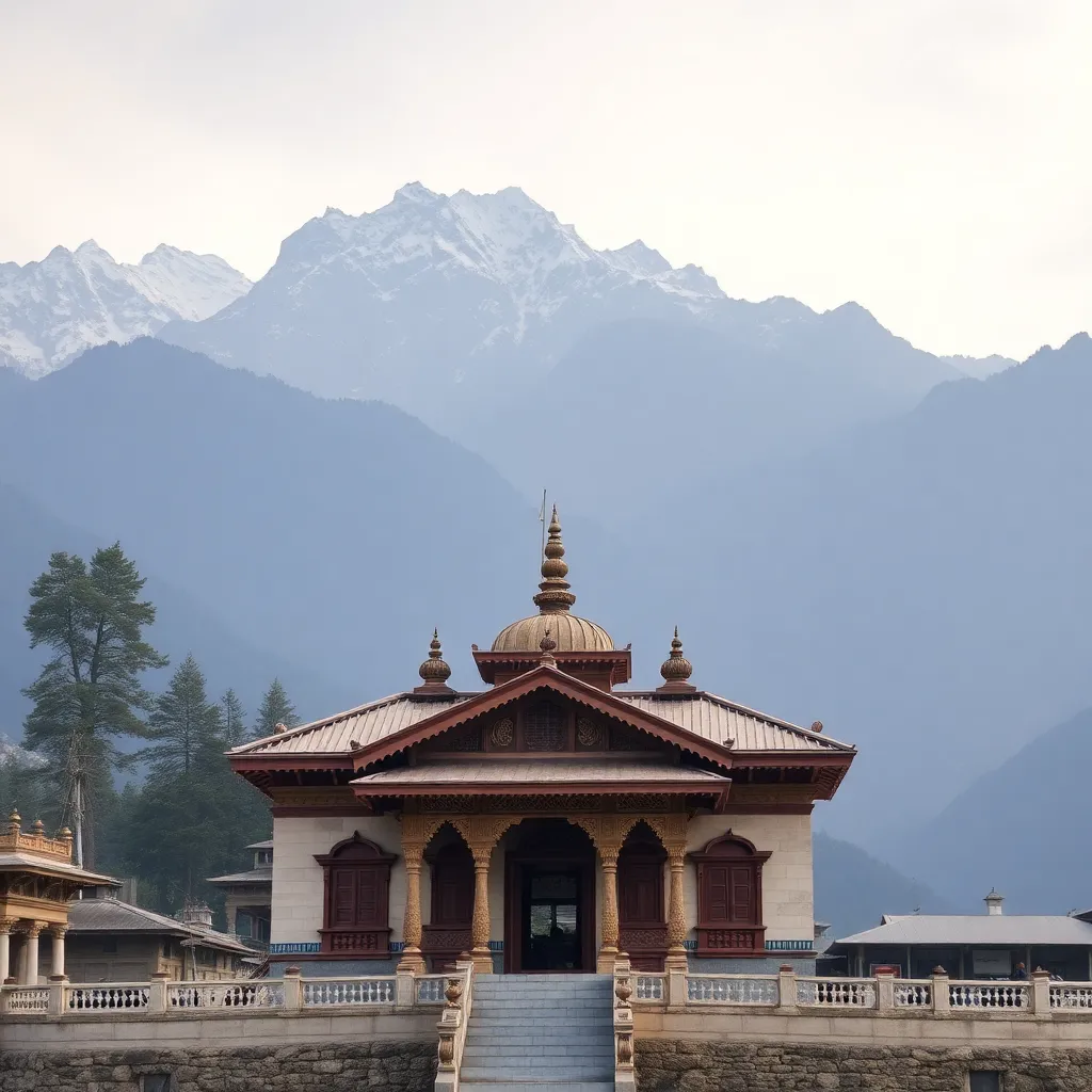 Uttarakhand temple building with mountains in background