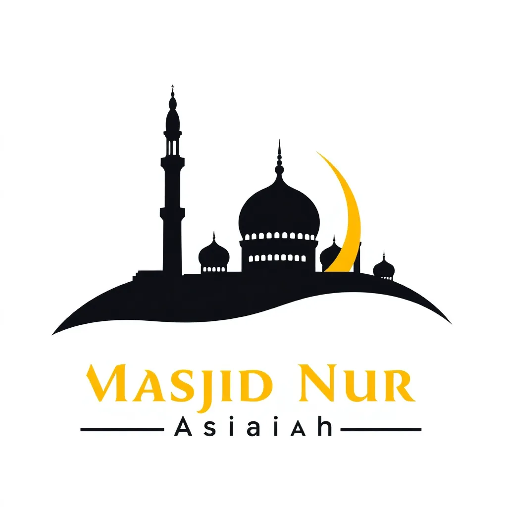 Logo Masjid Nur Asiah, golden crescent moon and mosque silhouette on transparent background