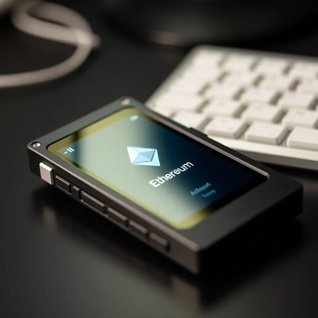 Ledger hardware wallet device front view with Ethereum displayed on screen