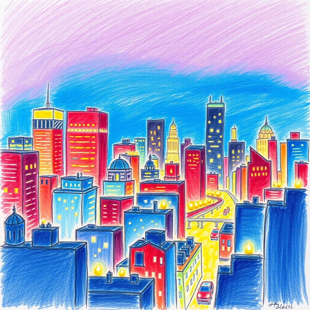 Color pencil sketch of a cityscape at night with glowing lights and reflections