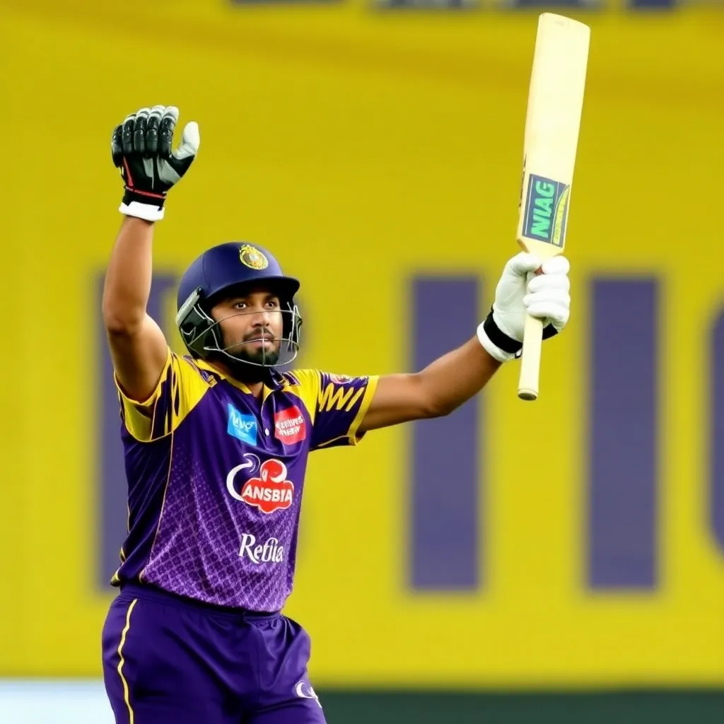 Kolkata Knight Riders batsman raising his bat in celebration after scoring runs during IPL match