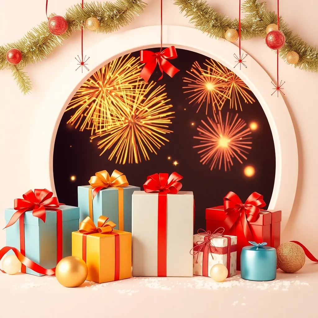 Festive decorations with gift boxes and fireworks symbolizing festival bonuses