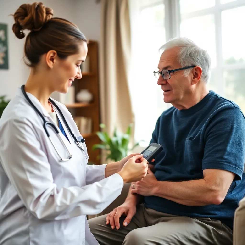Nurse checking vitals of elderly person at home, a caring nurse using a digital blood pressure monitor on an elderly man in a cozy living room