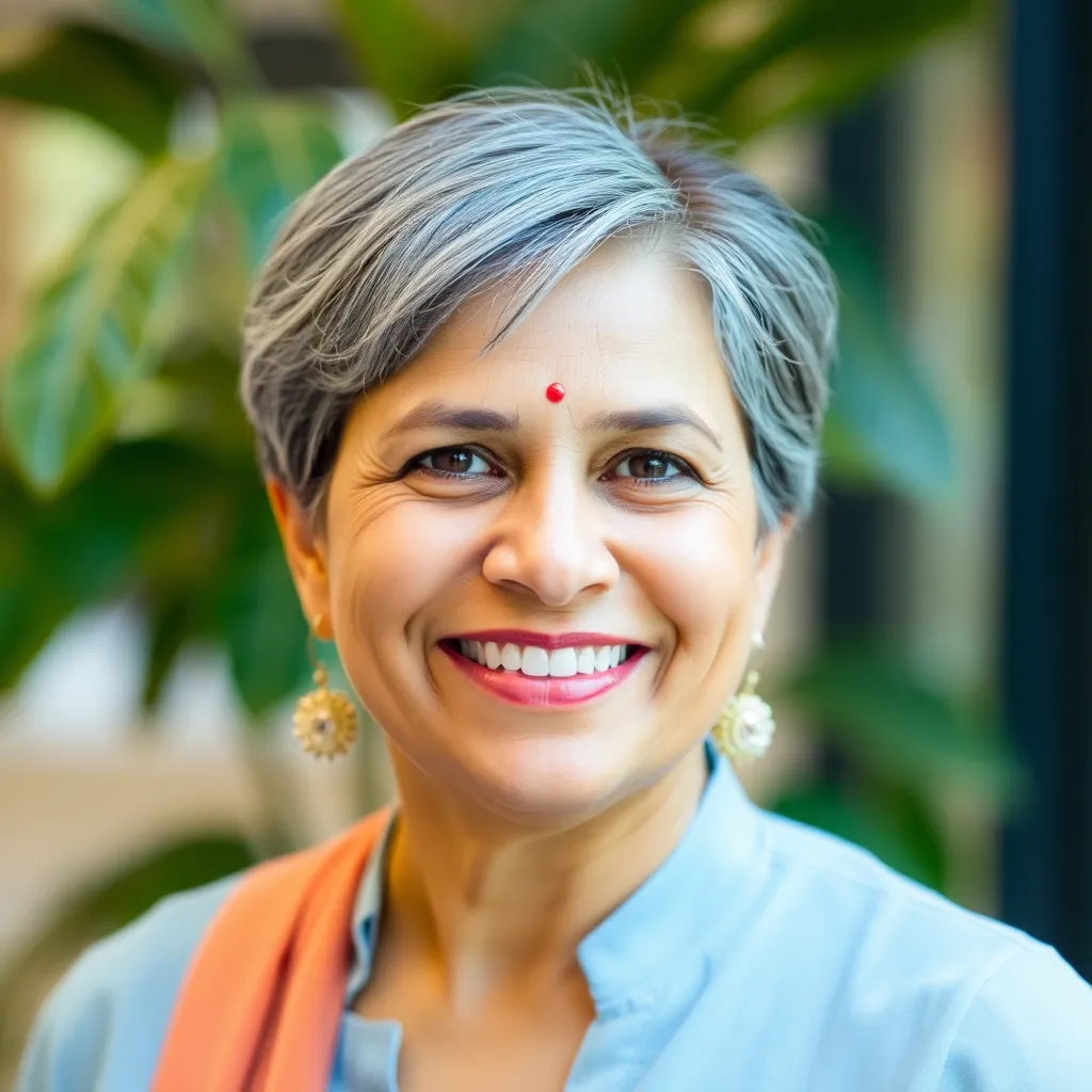Photo of client Mrs. Anjali Sharma smiling, middle-aged woman with short hair, wearing a light blue blouse