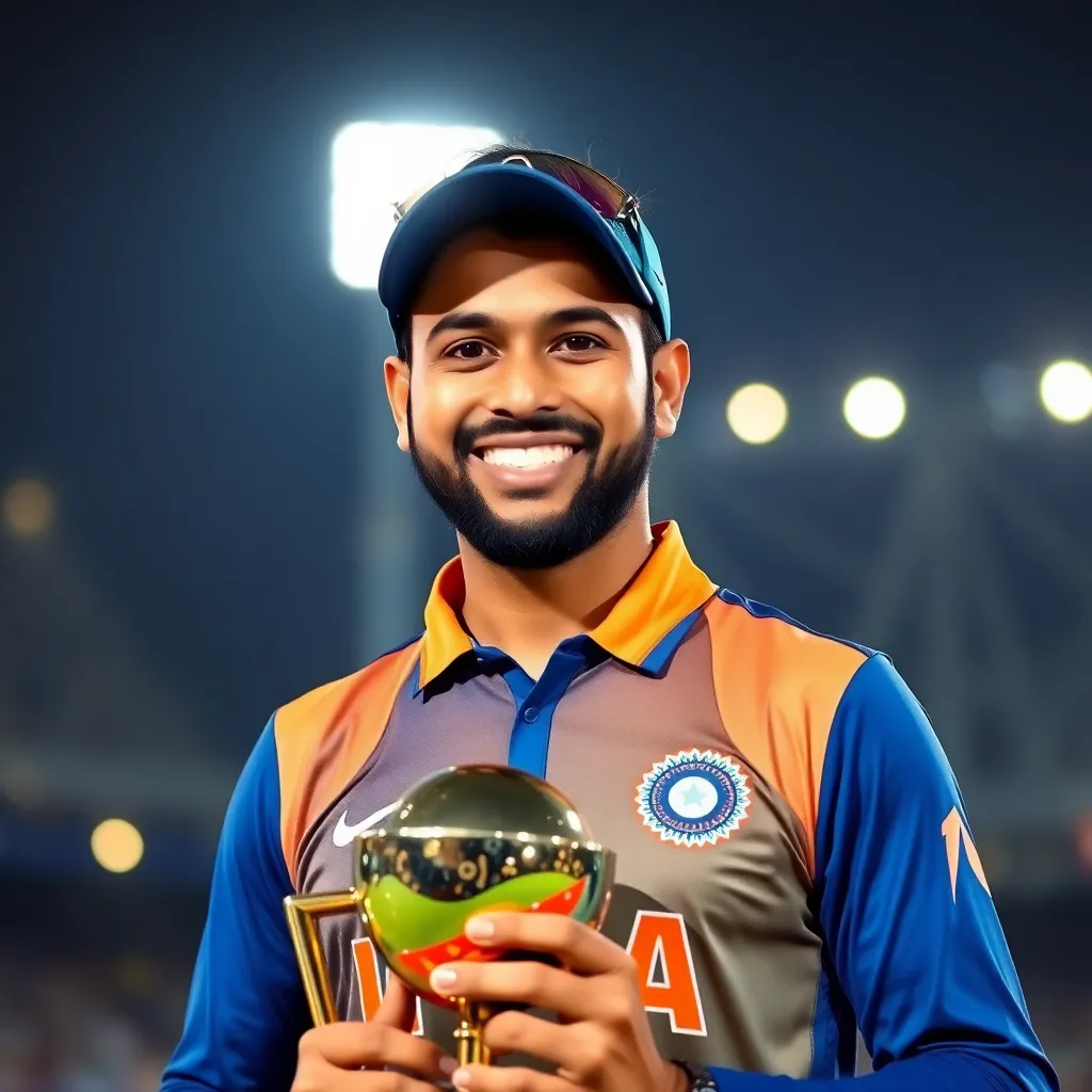 Portrait of Rohit Sharma smiling and holding a cricket trophy, dressed in Indian cricket team jersey with stadium lights in background