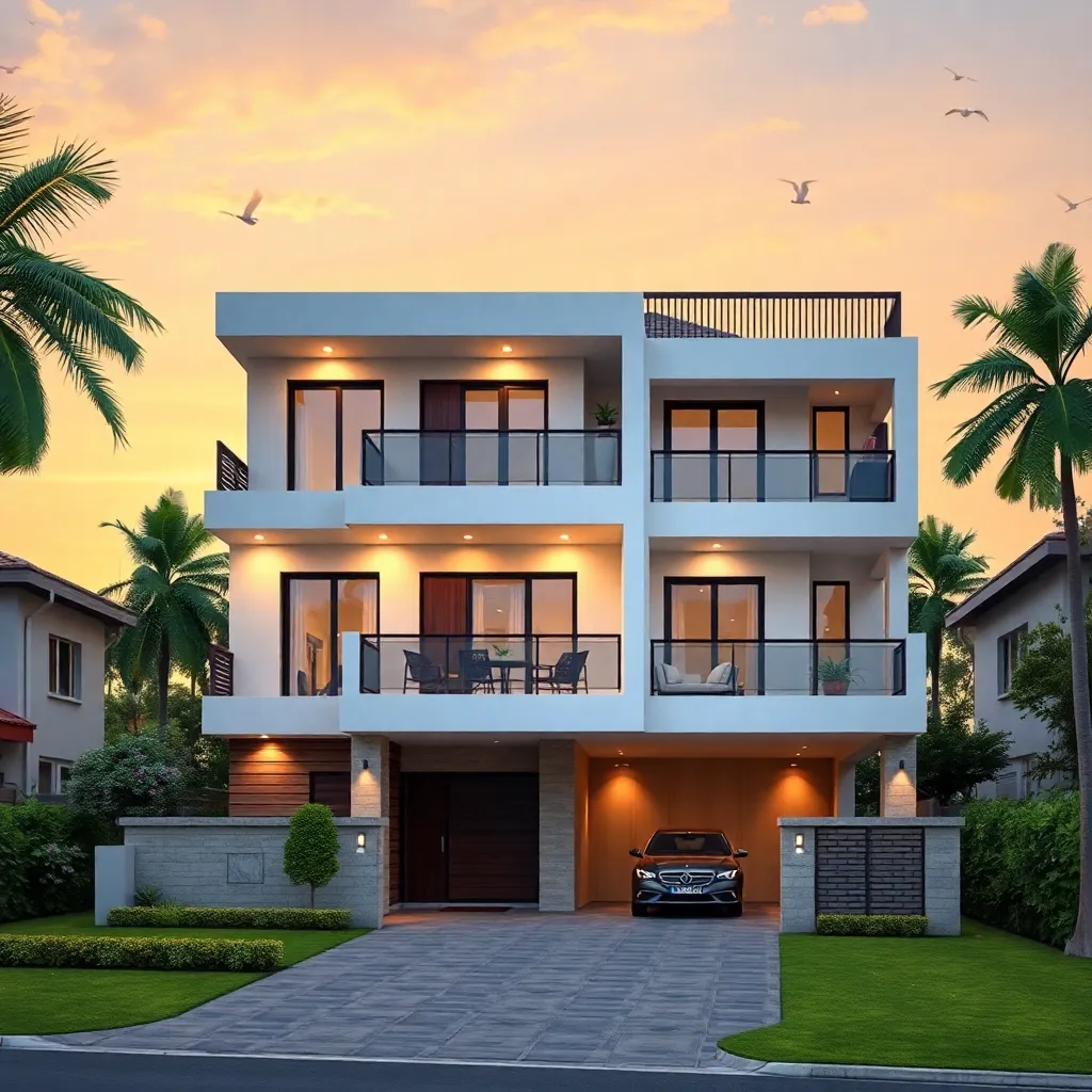 Modern 3 story house with balconies and garage in sunset lighting, residential, Agra [UP]