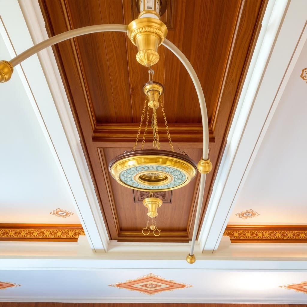 Decorative ceiling panel with wooden and gold accents
