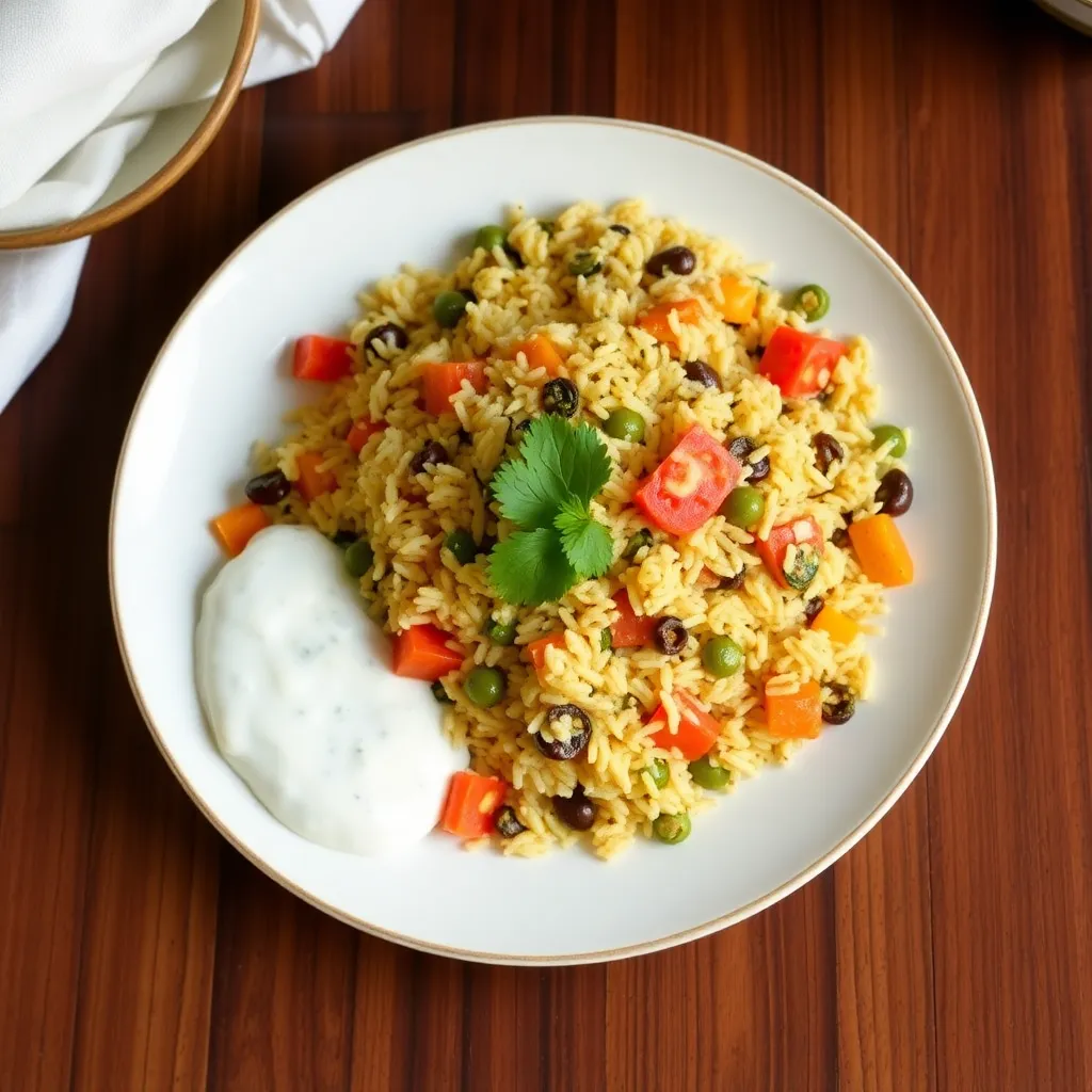 Plate of vegetable biryani with raita on the side