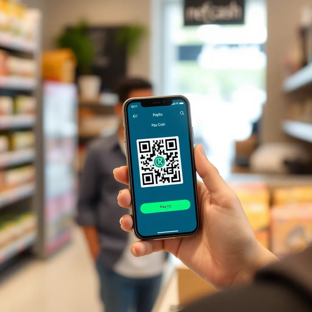 Persona usando teléfono móvil para pagar con código QR en Net Cash en un comercio