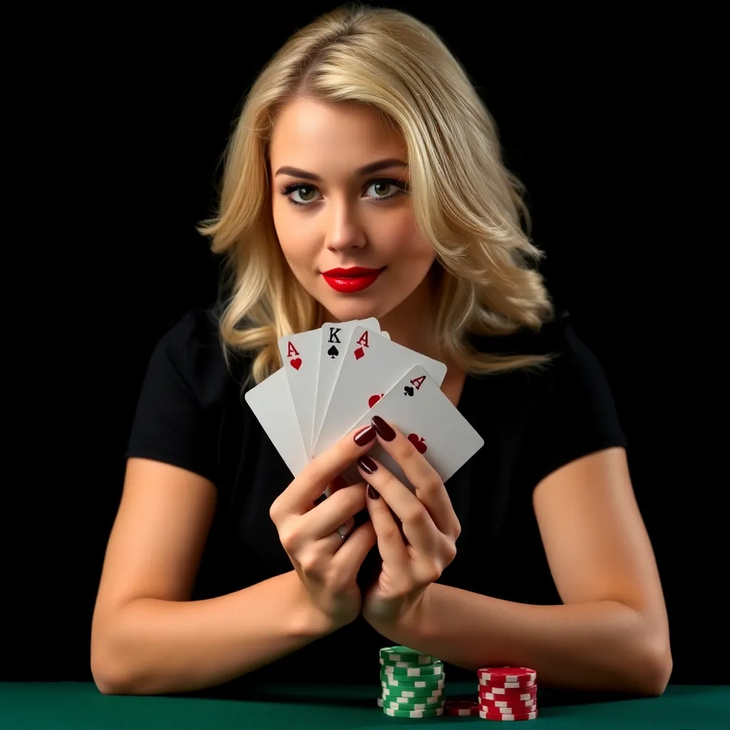 DTL Teenpatti showing woman with blonde hair holding cards and poker chips on black background