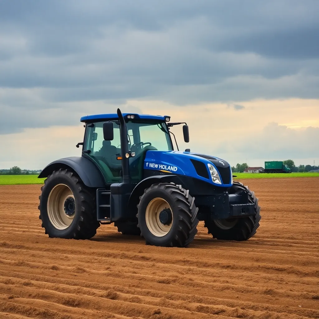 New Holland T7 Tractor in a plowed field with cloudy sky