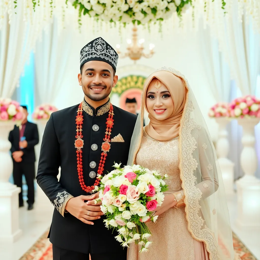 A beautiful Islamic wedding ceremony with traditional decorations and happy couple