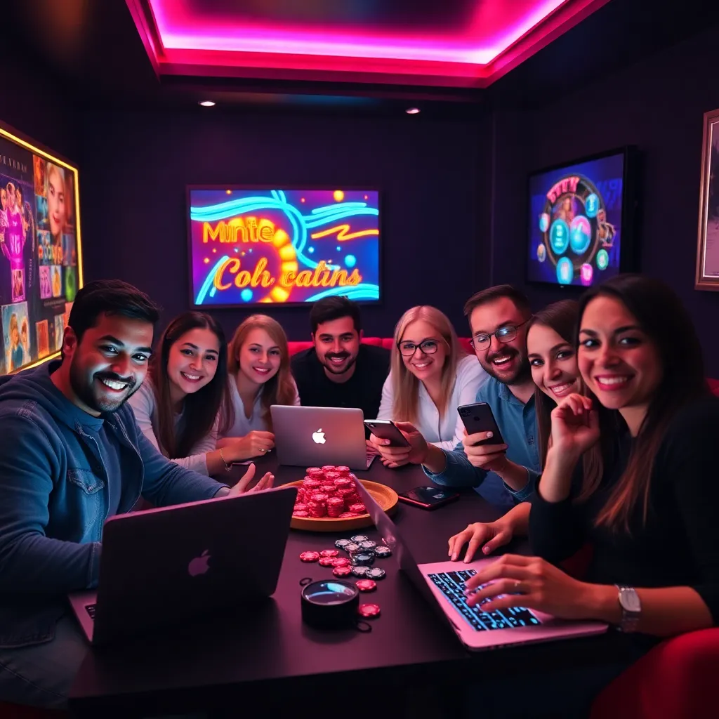 Group of diverse happy players enjoying online casino games on laptops and smartphones in a cozy dark-themed room with neon accents