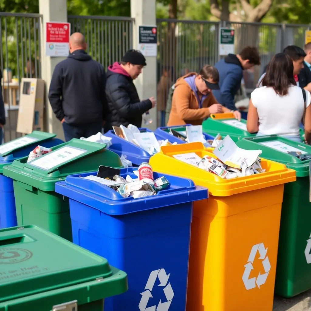 Recycling bins with clear labels and people sorting waste