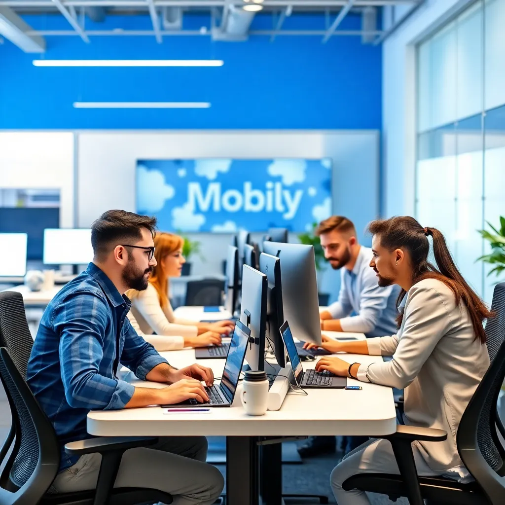 Photo of Mobily team working together in a modern office environment with computers and digital devices, blue and white color theme