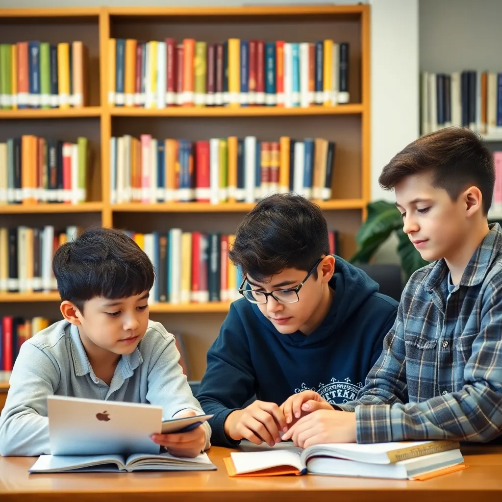 Group of boys students studying together in a library with bookshelves behind them