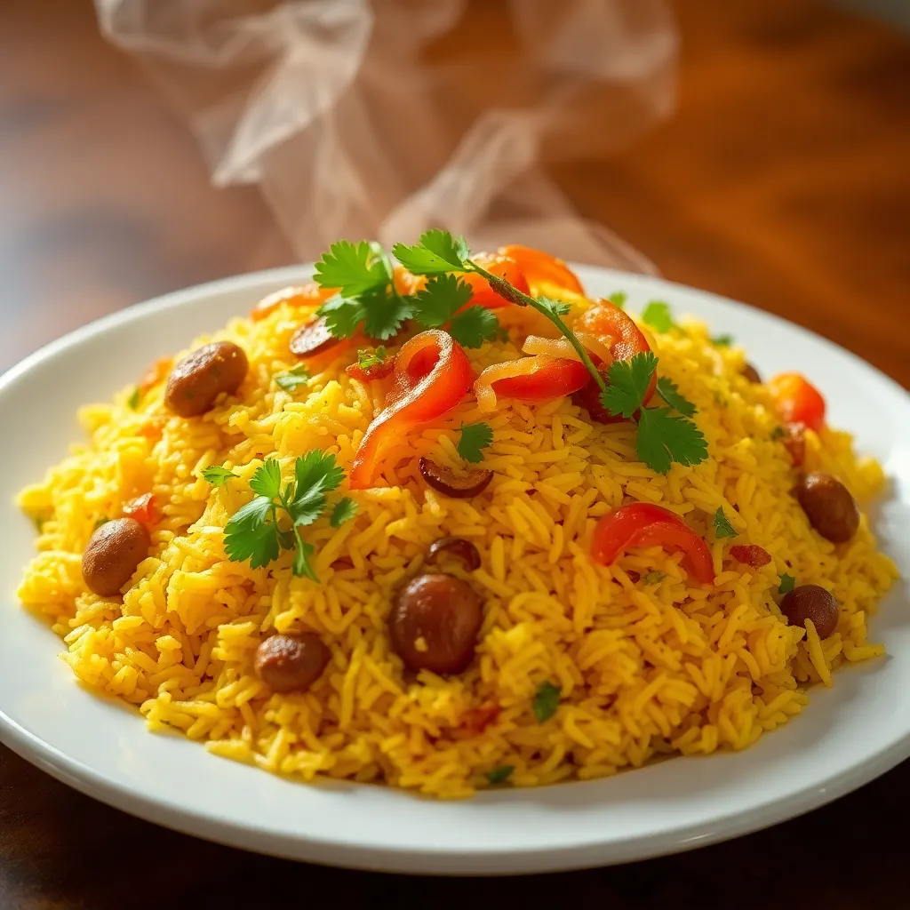 Plate of steaming hot vegetable biryani with saffron rice and garnished with fried onions and coriander