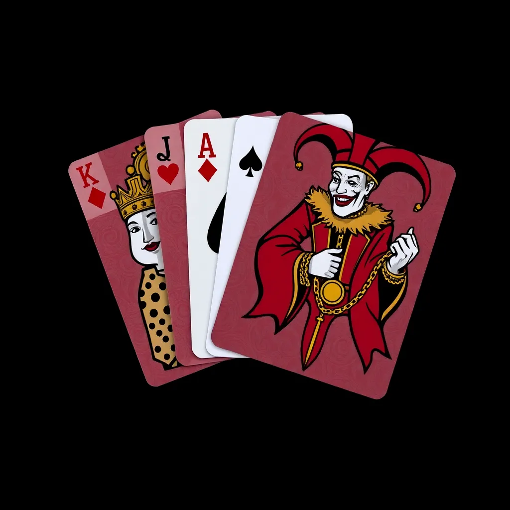 Joker Teen Patti cards with queen, ace, king and jester with gold chains on black background