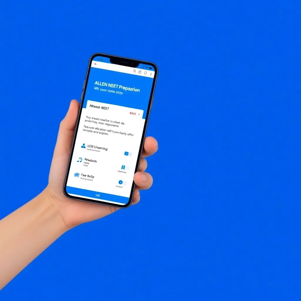 Mobile phone showing ALLEN NEET preparation app interface with blue background