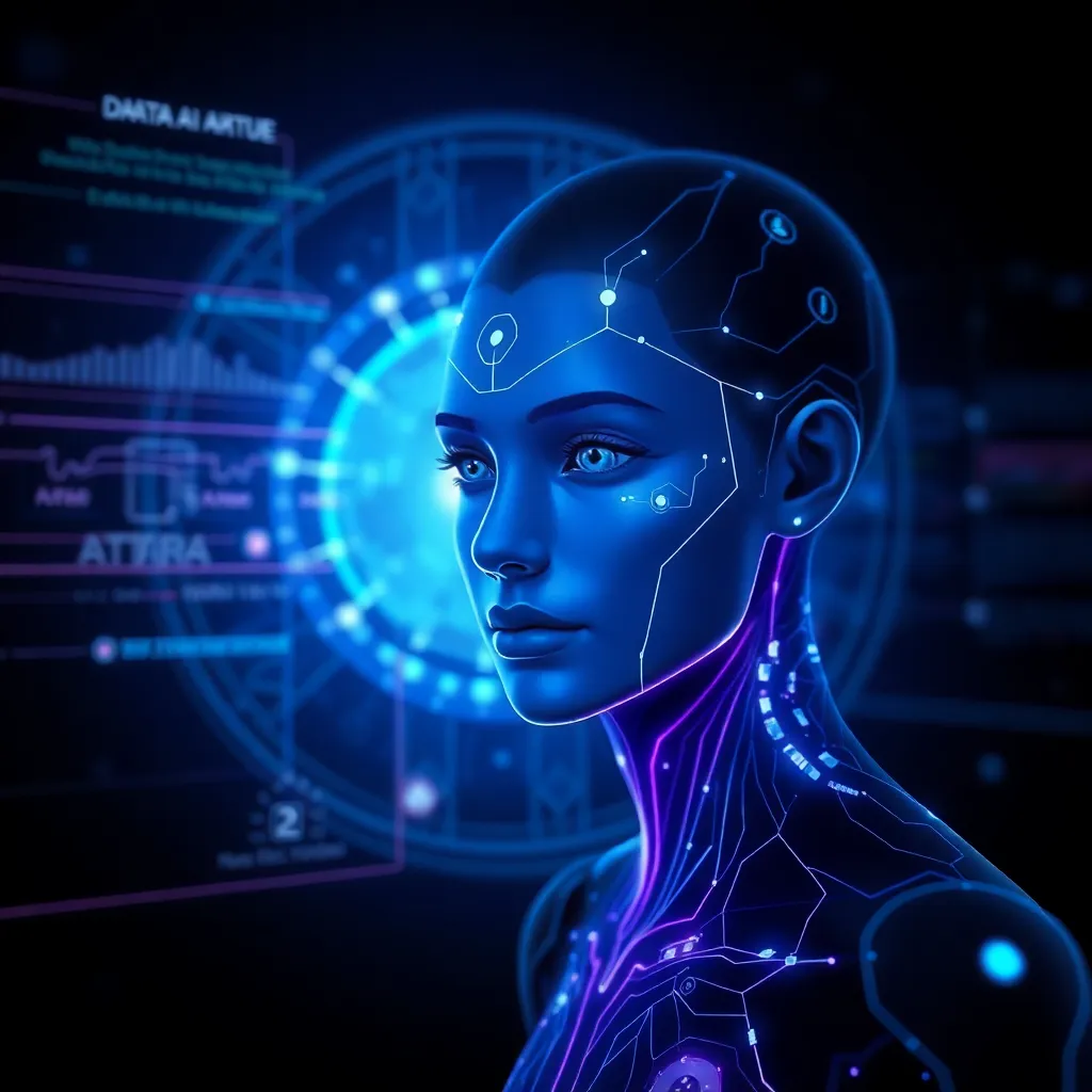 Futuristic AI interface showing quantum data streams and a digital avatar representing EVE, glowing softly with blue and purple hues