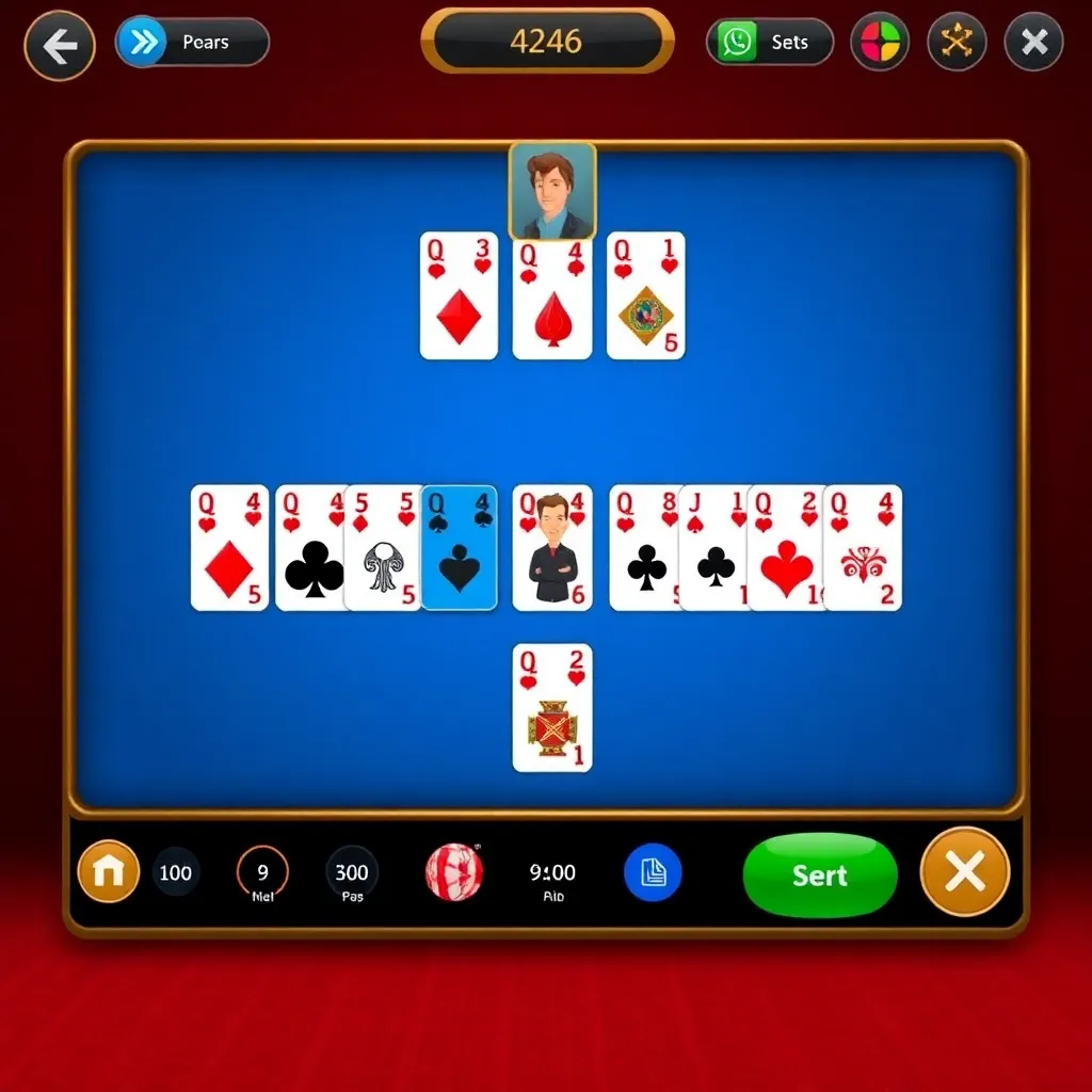 Rummy online game interface showing cards arranged in sequences and sets with player avatars