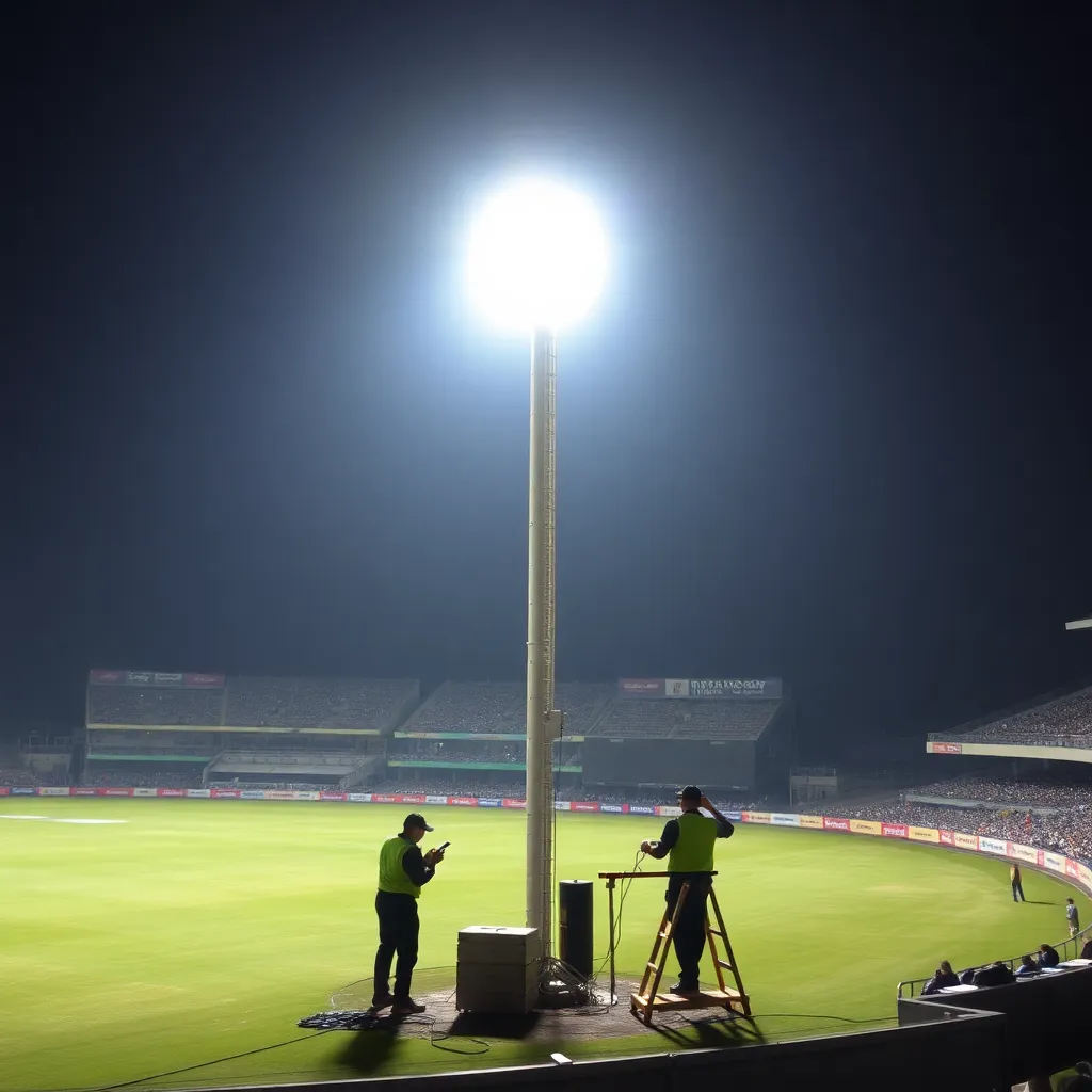 Floodlight tower at cricket stadium in darkness with technicians attempting repairs during night match