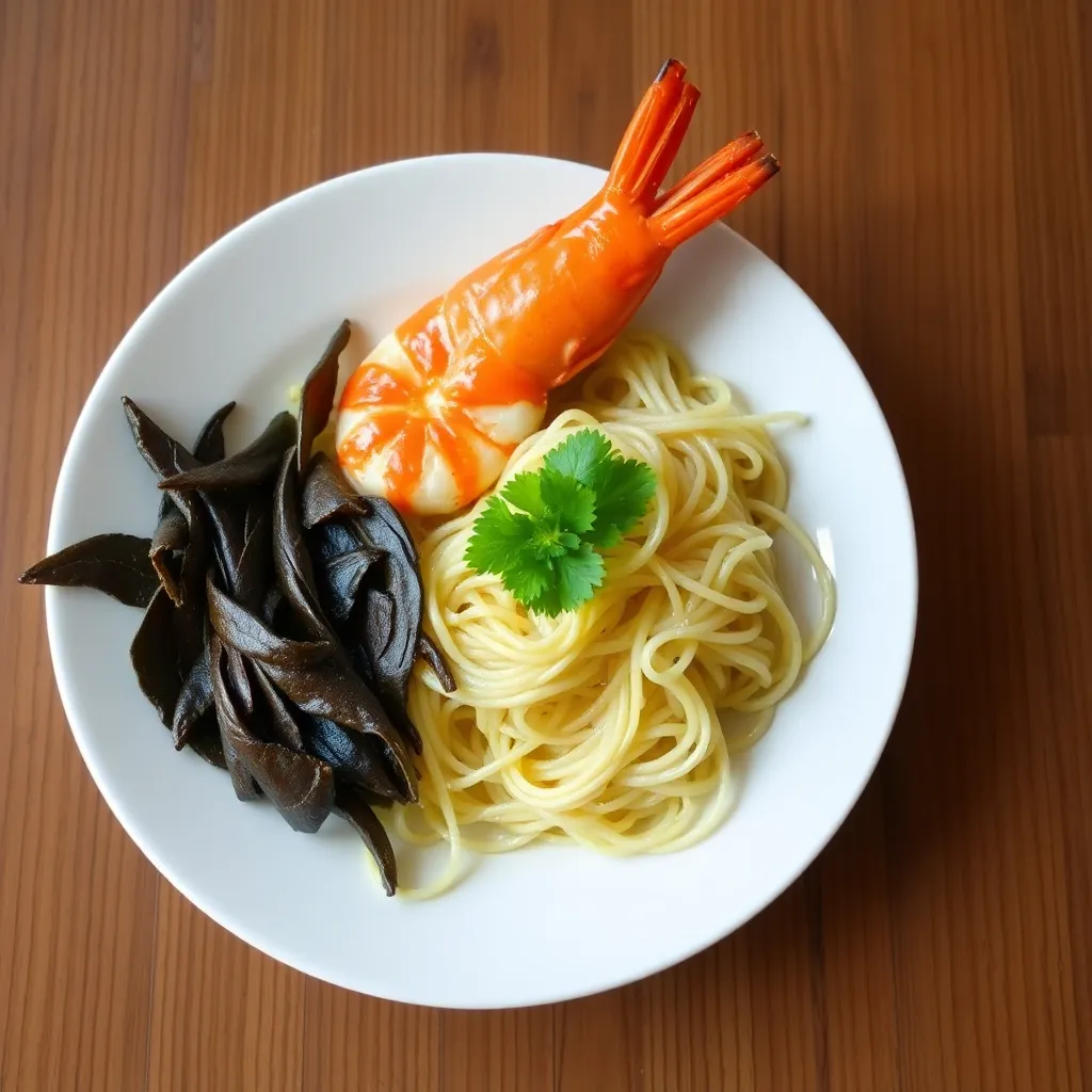 Plate of Mie Tek Tek Udang with noodles and large shrimp on white ceramic plate
