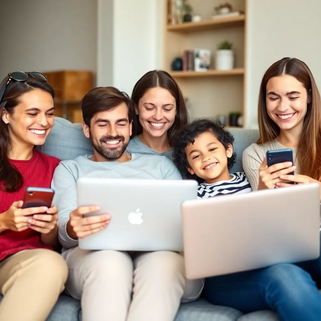 Family of four people sitting on couch smiling and using devices, including a laptop and smartphone