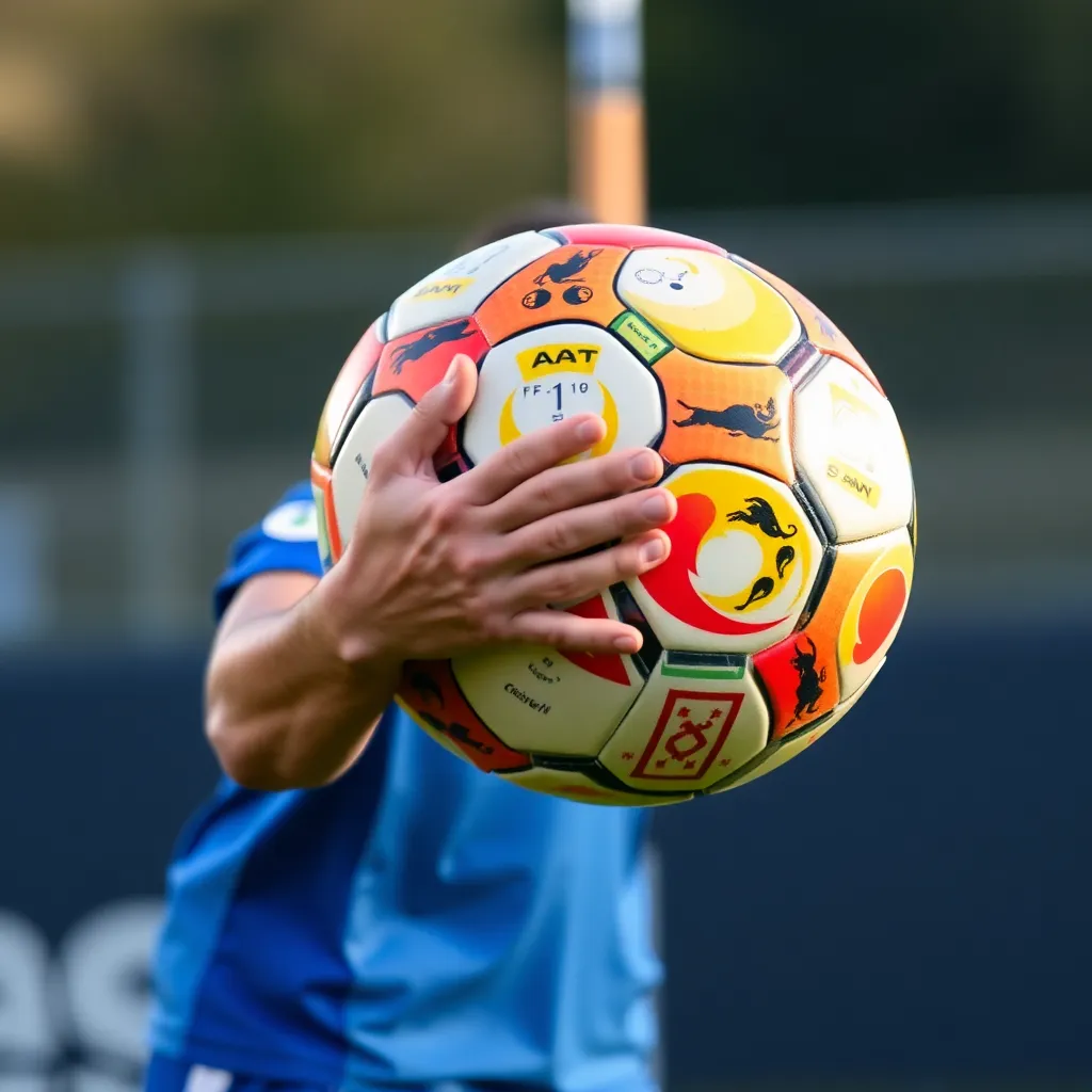 Photo of a soccer player in blue uniform holding a soccer ball
